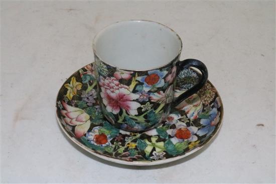 A Chinese millefleur black ground cup and saucer, Guangxu mark and period (1875-1908), saucer 11cm